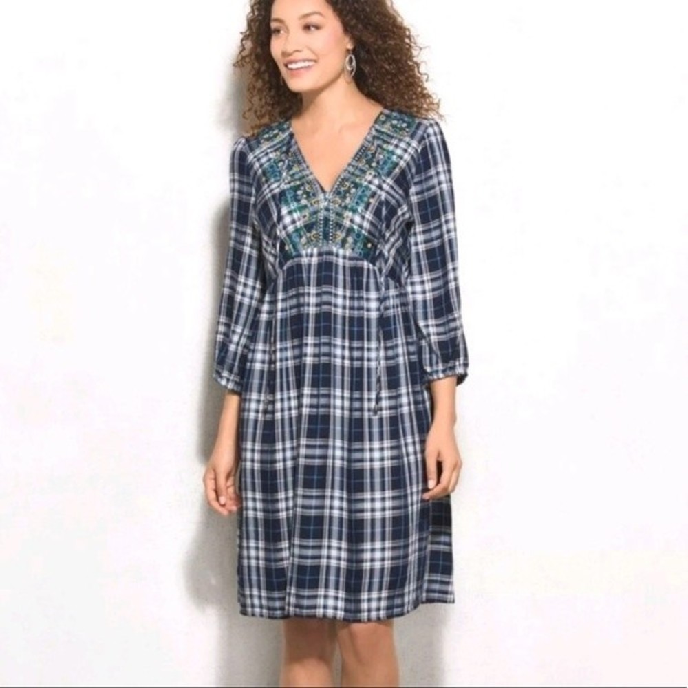 Westport Embroidered Bohemian Plaid Tunic Dress Blue / White Size M